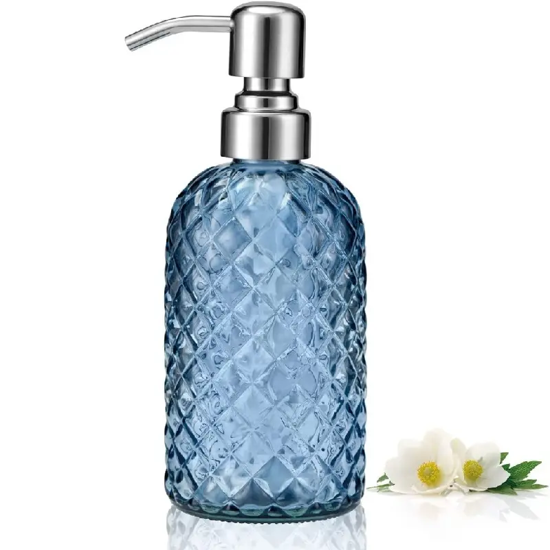 12oz Bathroom Soap Dispenser Refillable Glass Bottle Blue